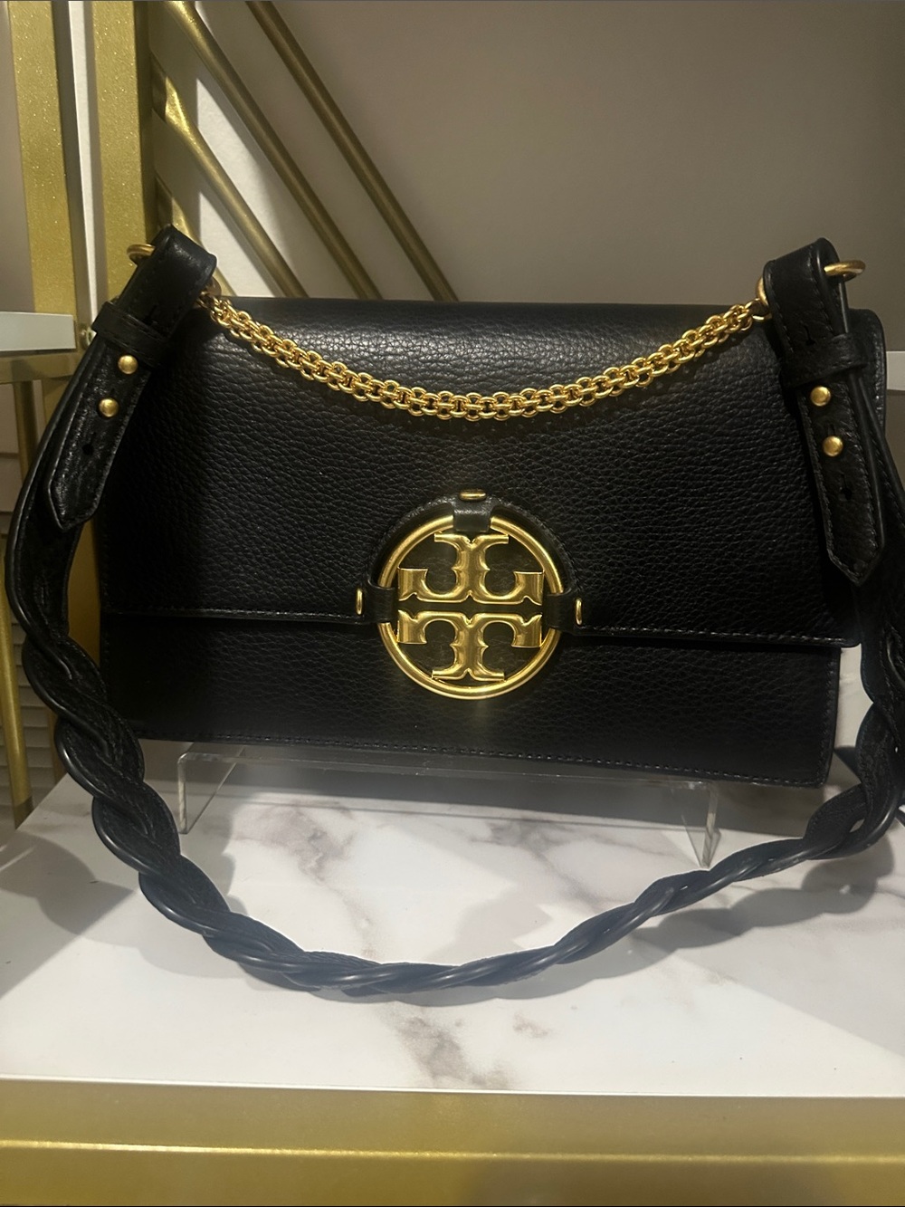 Tory Burch Black Leather Shoulder Bag with Gold Hardware